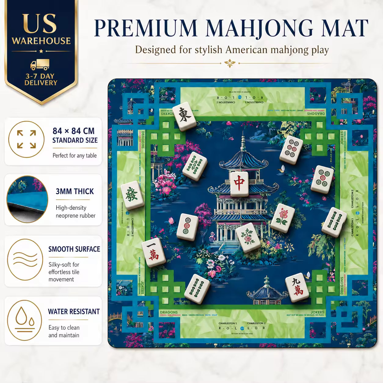 Silent Neoprene Mahjong Mat – Blue Oil Painting