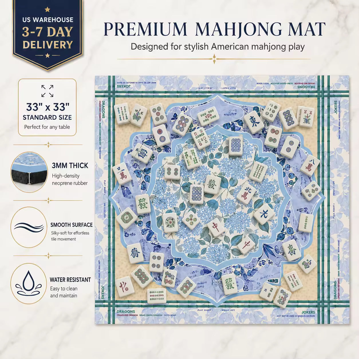 Silent Neoprene Mahjong Mat – Blue & White Porcelain