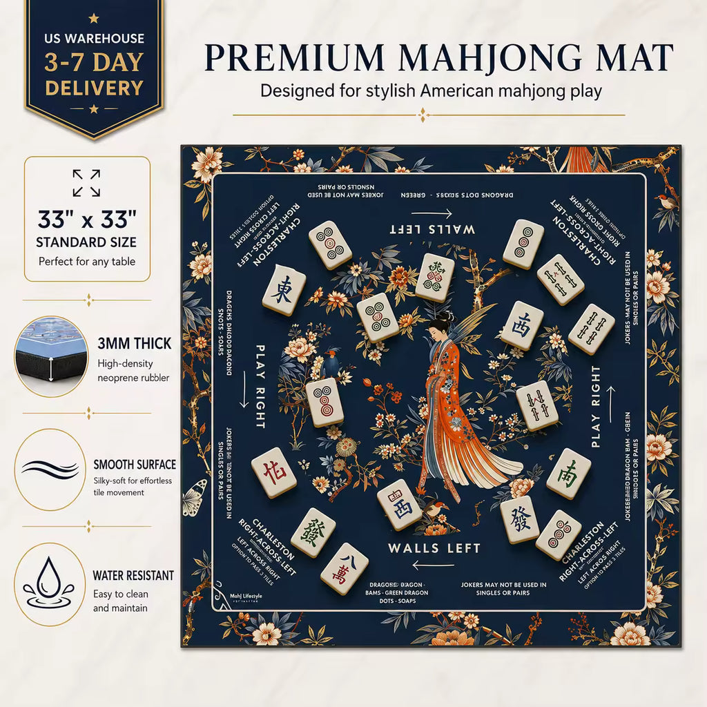Silent Neoprene Mahjong Mat – Blue Lady Portrait