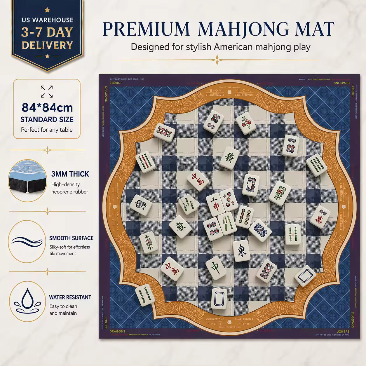 Silent Neoprene Mahjong Mat – Blue Plaid