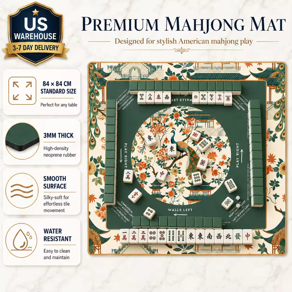 Silent Neoprene Mahjong Mat – Emerald Green Peacock