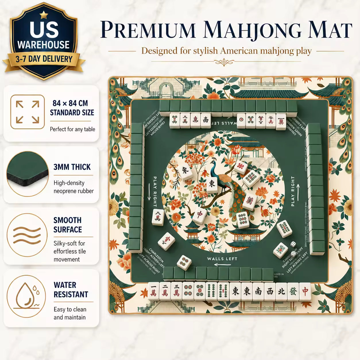 Silent Neoprene Mahjong Mat – Emerald Green Peacock