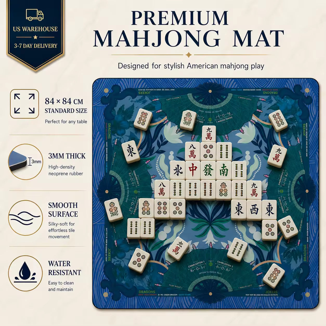Silent Neoprene Mahjong Mat – Lake Blue Fan