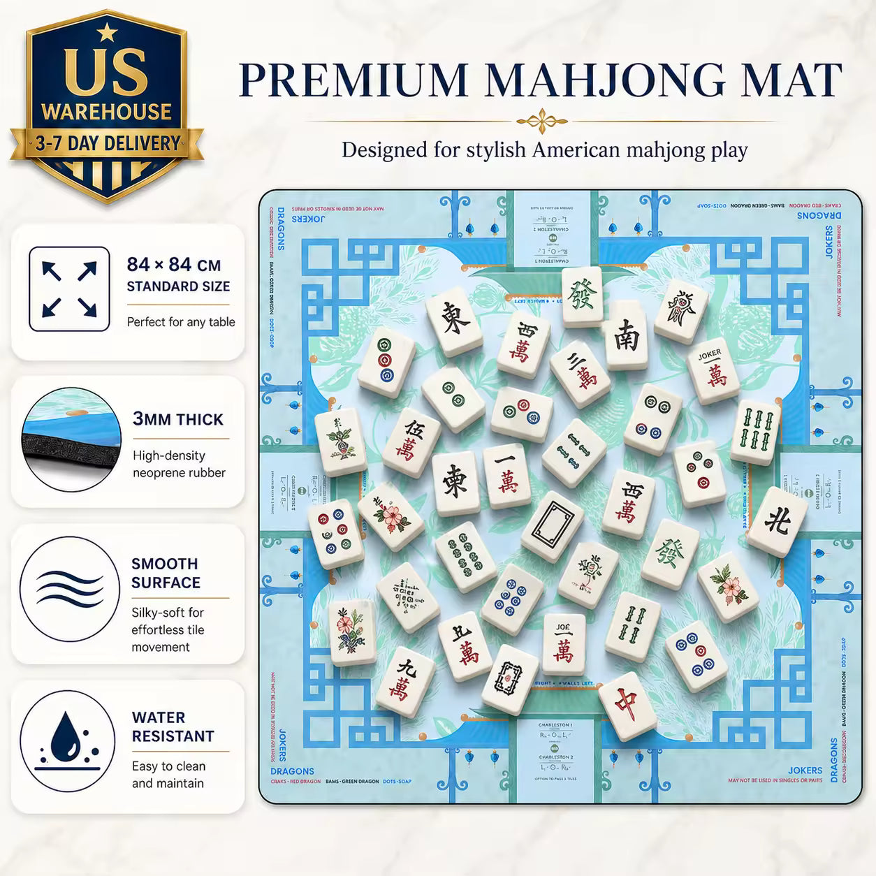 Silent Neoprene Mahjong Mat – Peacock Blue