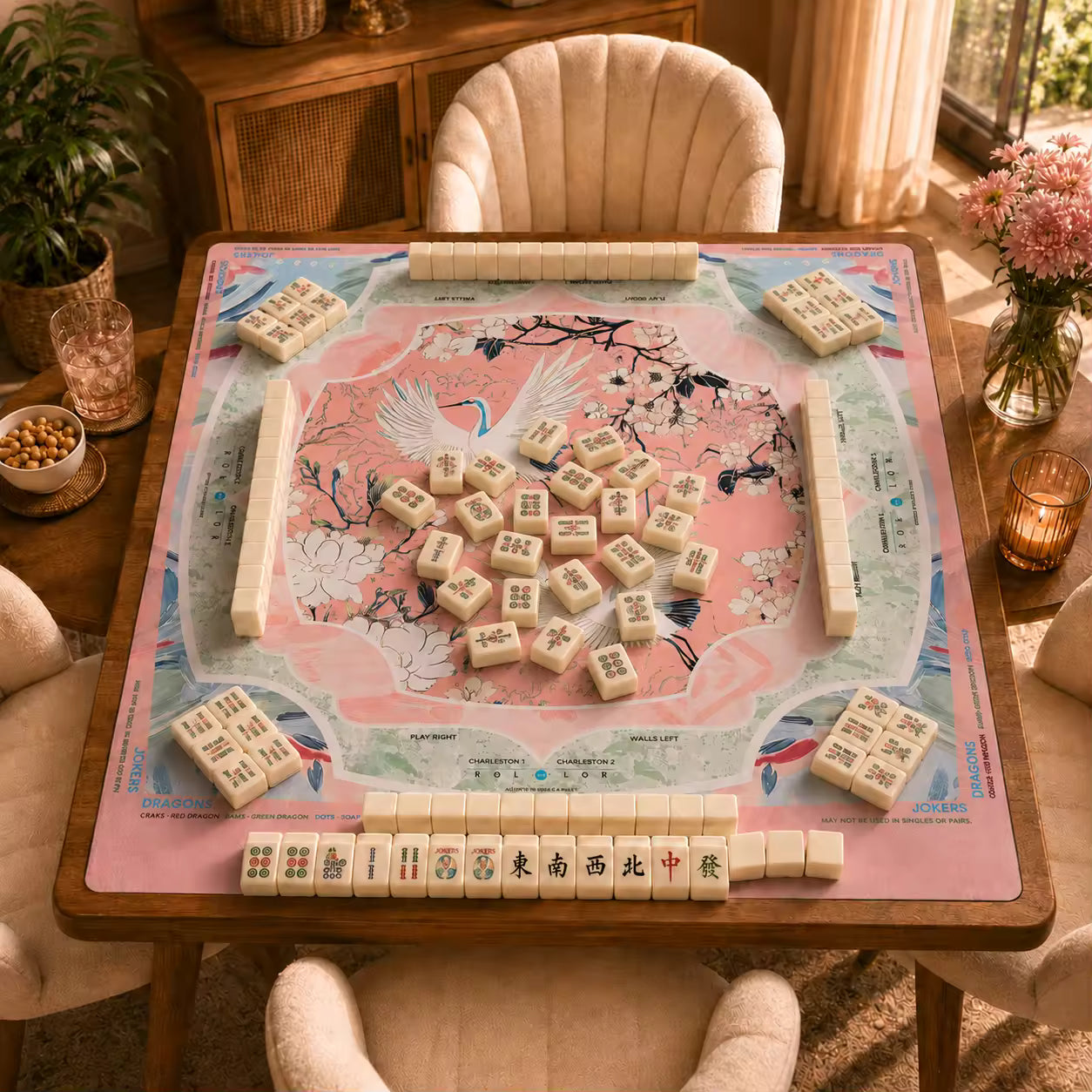 Silent Neoprene Mahjong Mat – Pink Crane