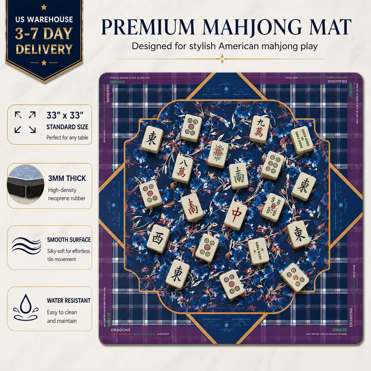 Silent Neoprene Mahjong Mat – Purple Plaid