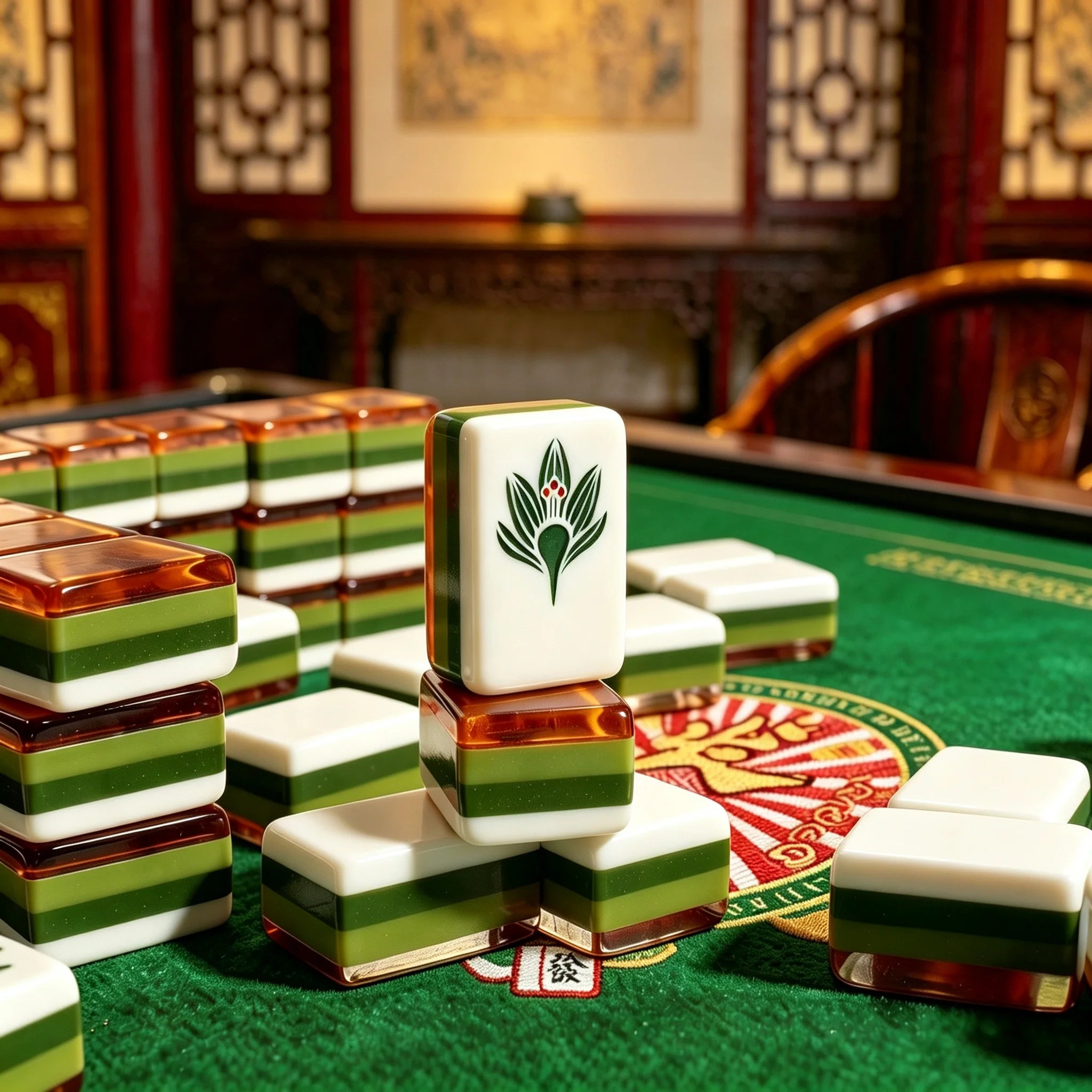 American Mahjong set with premium wood grain acrylic Mahjong tiles displayed on a green Mahjong mat during gameplay