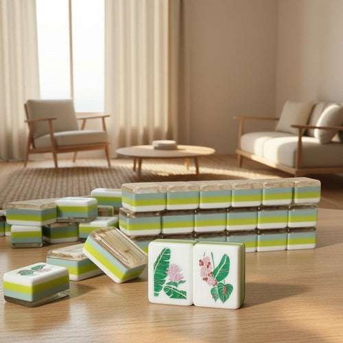 Stack of American mahjong tiles with bamboo water pearl finish and floral design in a living room