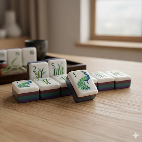 Hand holding an American mahjong tile with peacock design from a dark purple mahjong tiles set