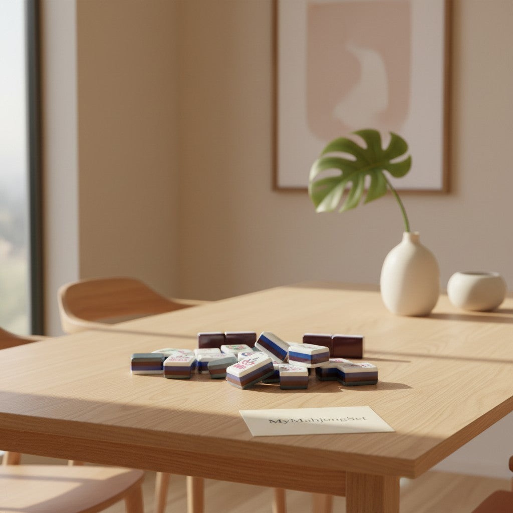 American mahjong tiles in grey acrylic scattered on a wooden table in a bright, modern living space