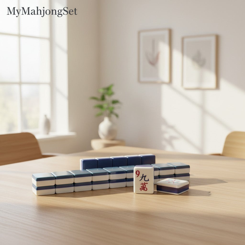 American mahjong tiles in grey and white acrylic arranged on a wooden table in a bright, modern room