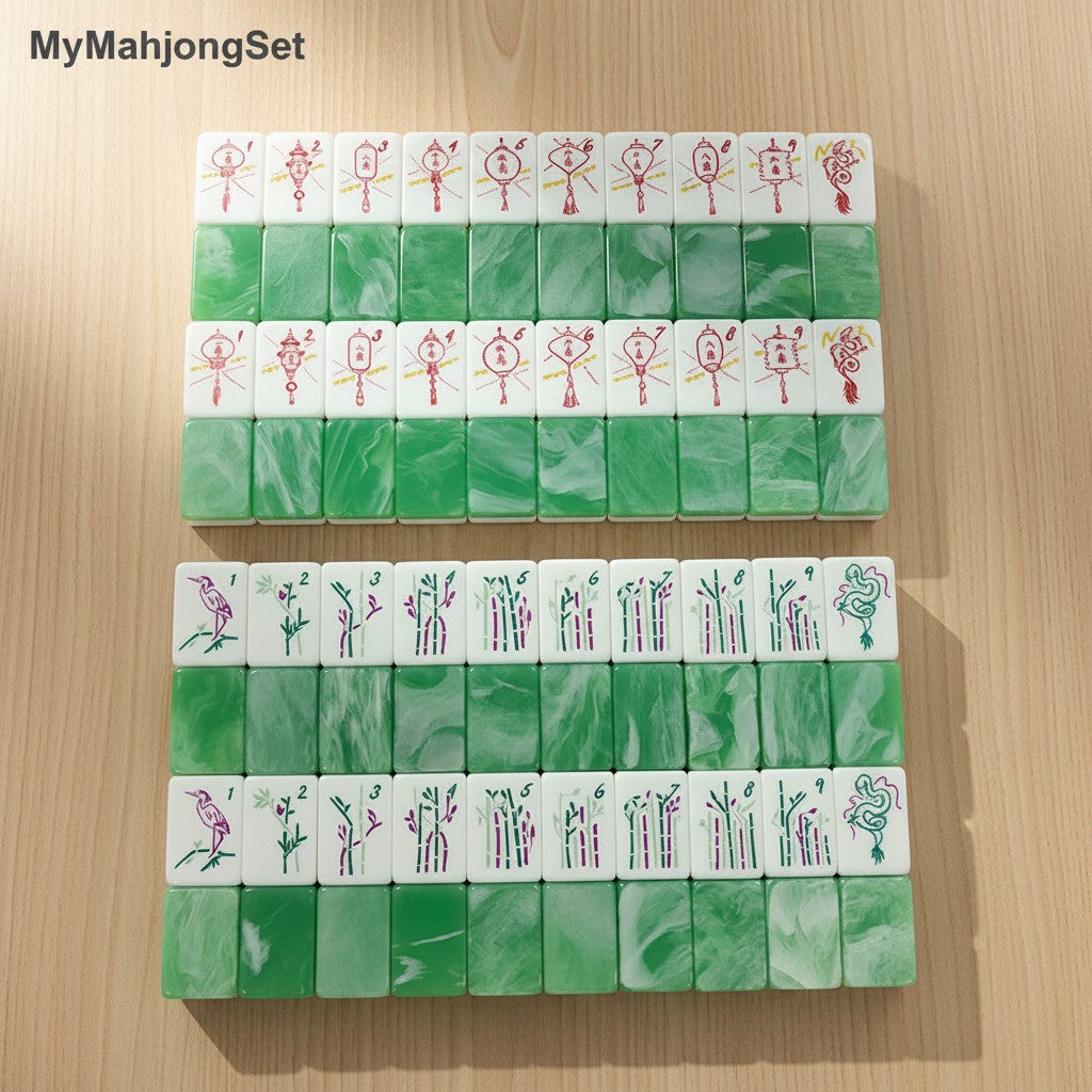 American mahjong tiles with jade green marbled backs and engraved bamboo and flower designs