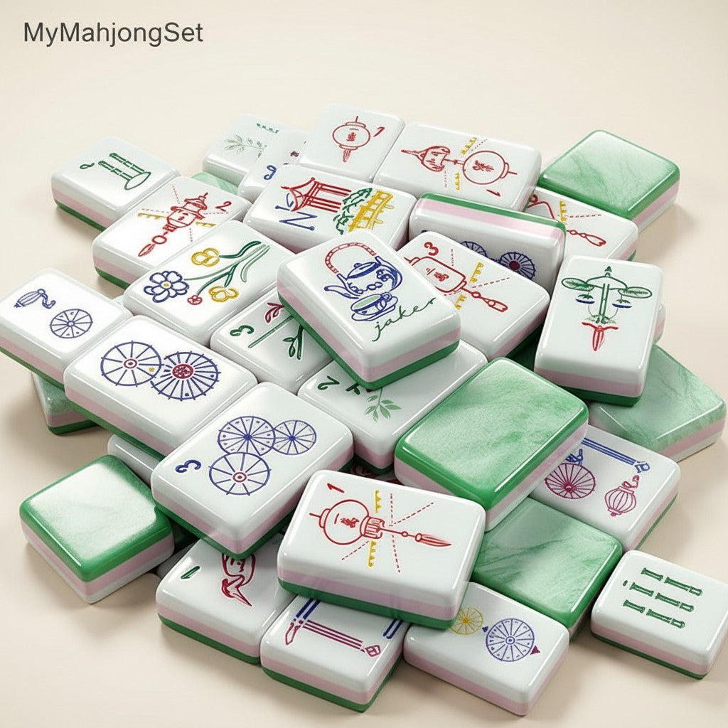 American mahjong tiles with jade green backs and intricate colorful engraved designs on white fronts