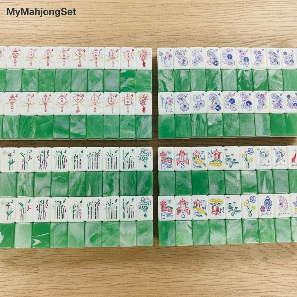 American mahjong tiles in jade green marble pattern with detailed colorful engravings