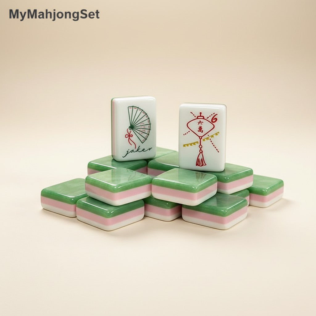 American mahjong tiles in jade green marble finish with hand-painted joker and character designs