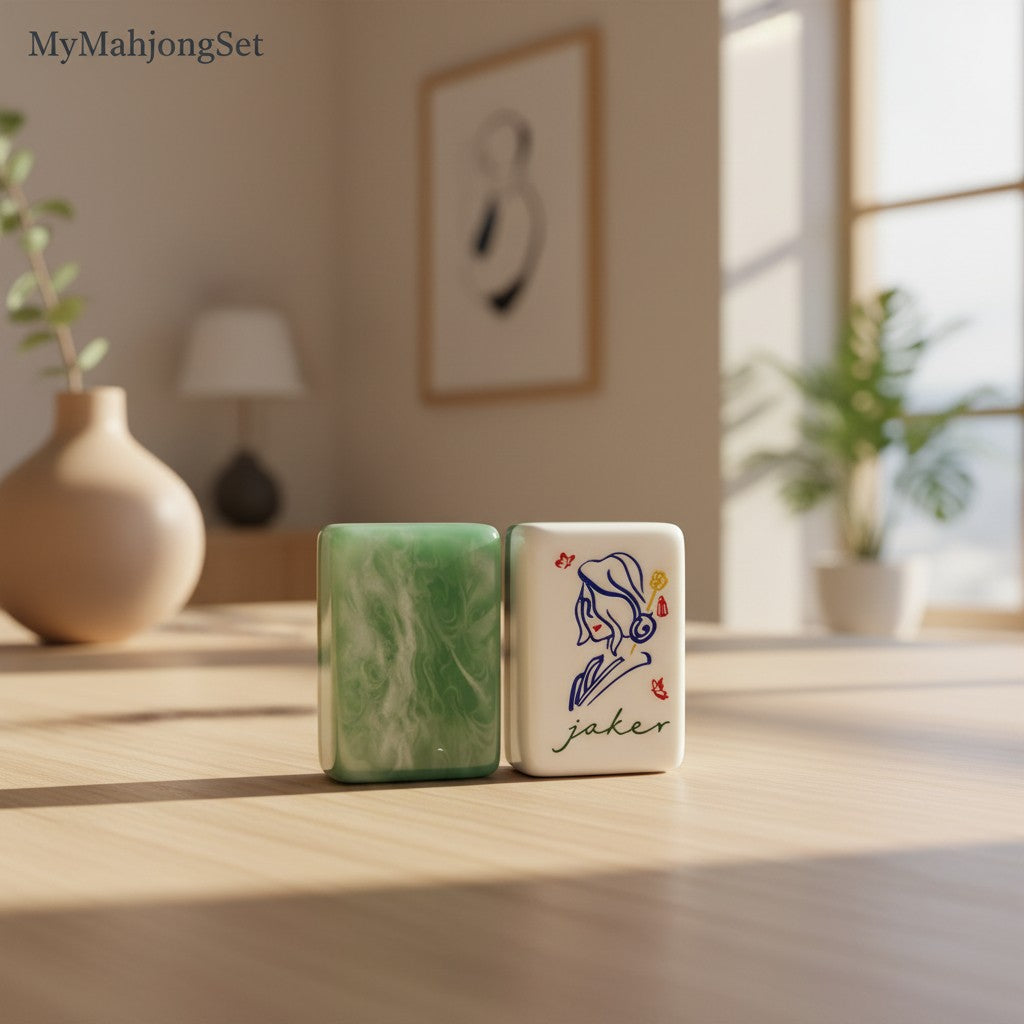 American mahjong tile with jade green marbled back and a white joker tile featuring line art