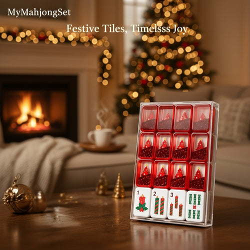 American mahjong tiles with red flowing sand finish and festive holiday engravings