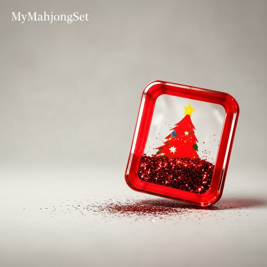 Close-up of a single American mahjong tile with a festive tree design and flowing glitter sand