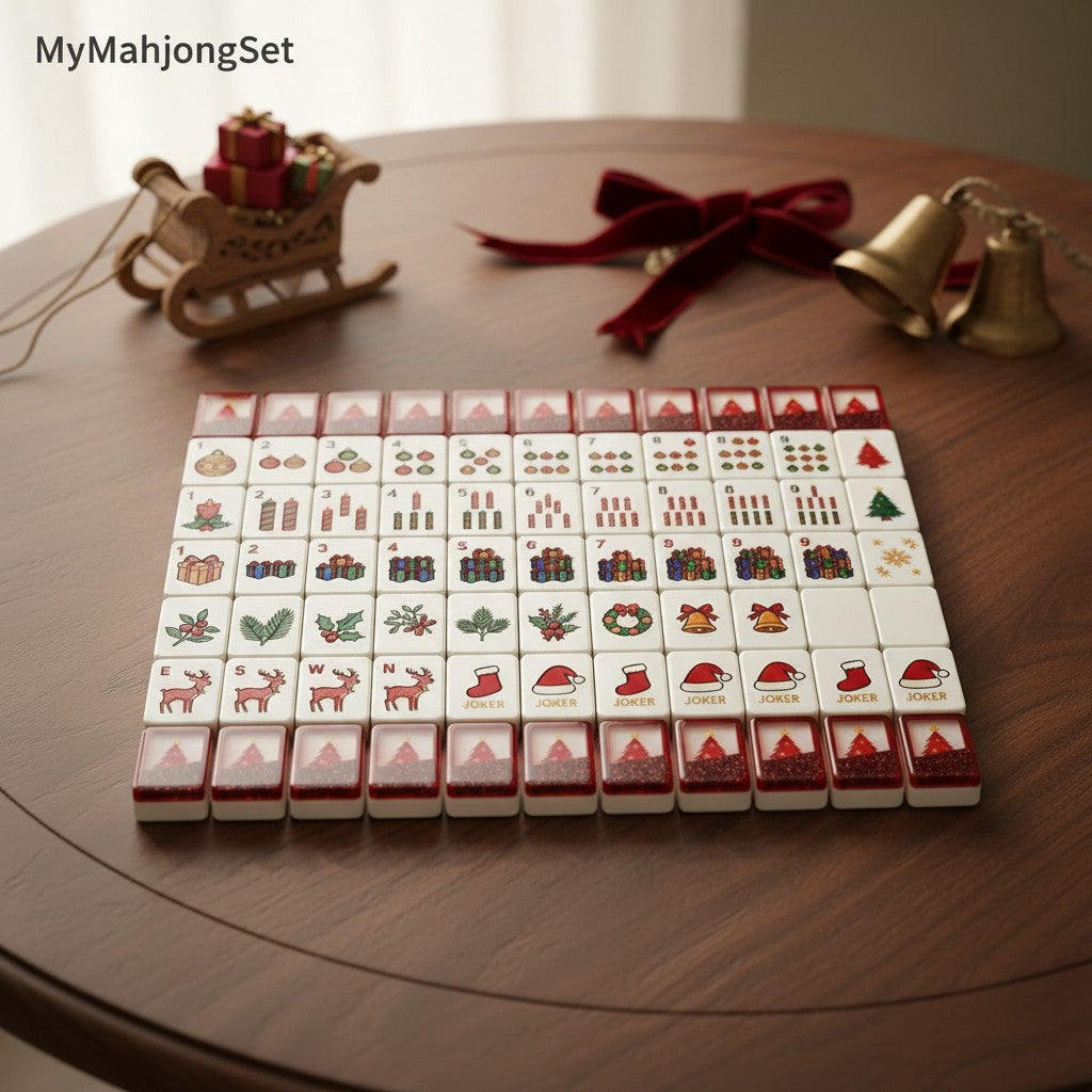 American mahjong tiles set with red Christmas festive engraved designs on a wooden table