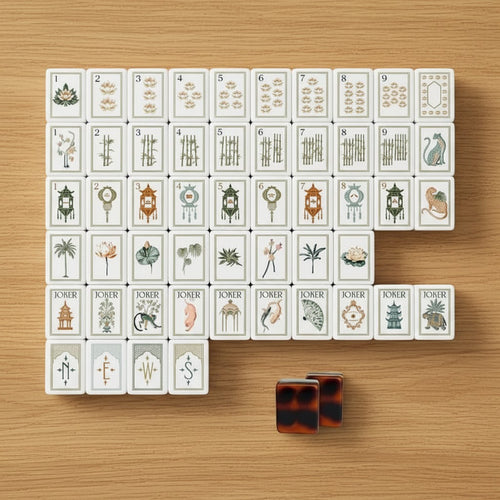 Full American mahjong tiles set featuring hand-painted turtle and white lotus designs in durable acrylic