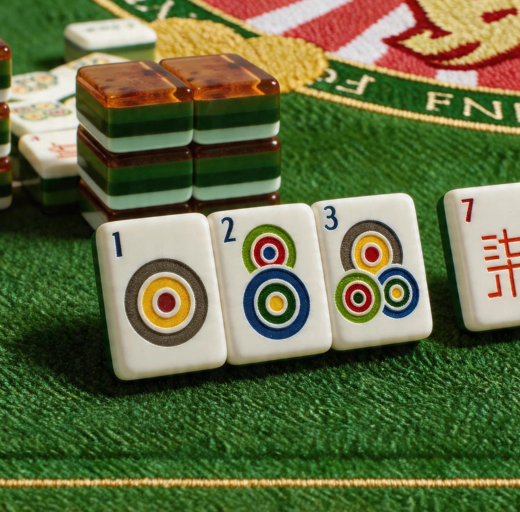 Close-up of premium American Mahjong tiles with elegant wood grain design