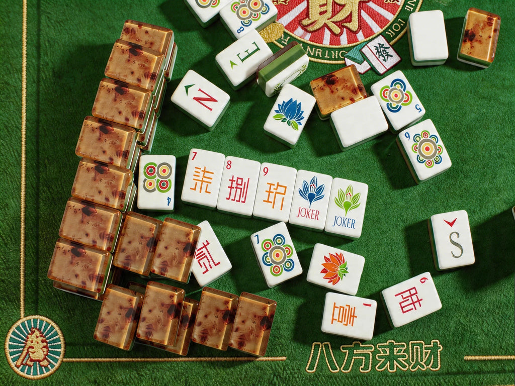 American Mahjong tiles with wood grain finish arranged in a traditional playing wall
