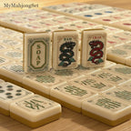 MyMahjongSet luxury acrylic American mahjong tiles featuring detailed dragon and soap designs in a two-layer set