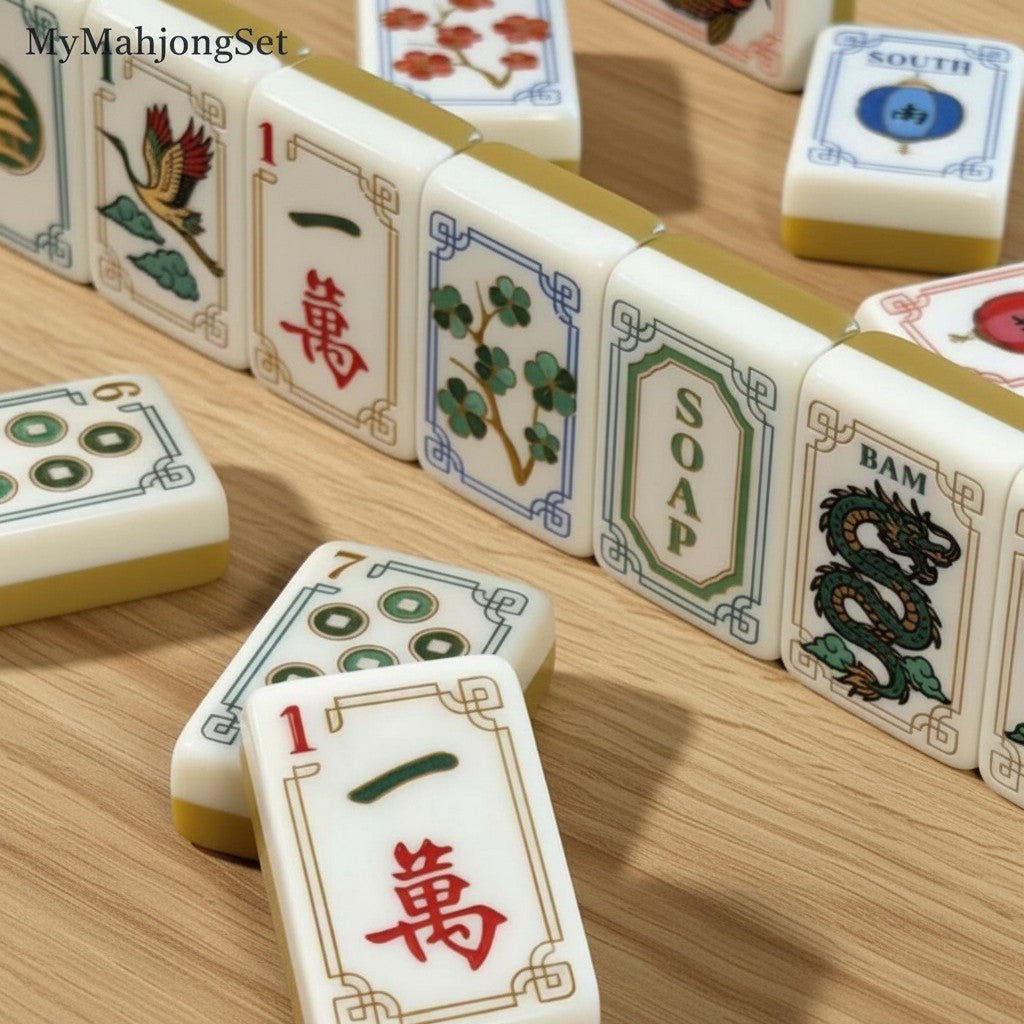 MyMahjongSet luxury acrylic American mahjong tiles featuring elegant yellow crane patterns and traditional symbols
