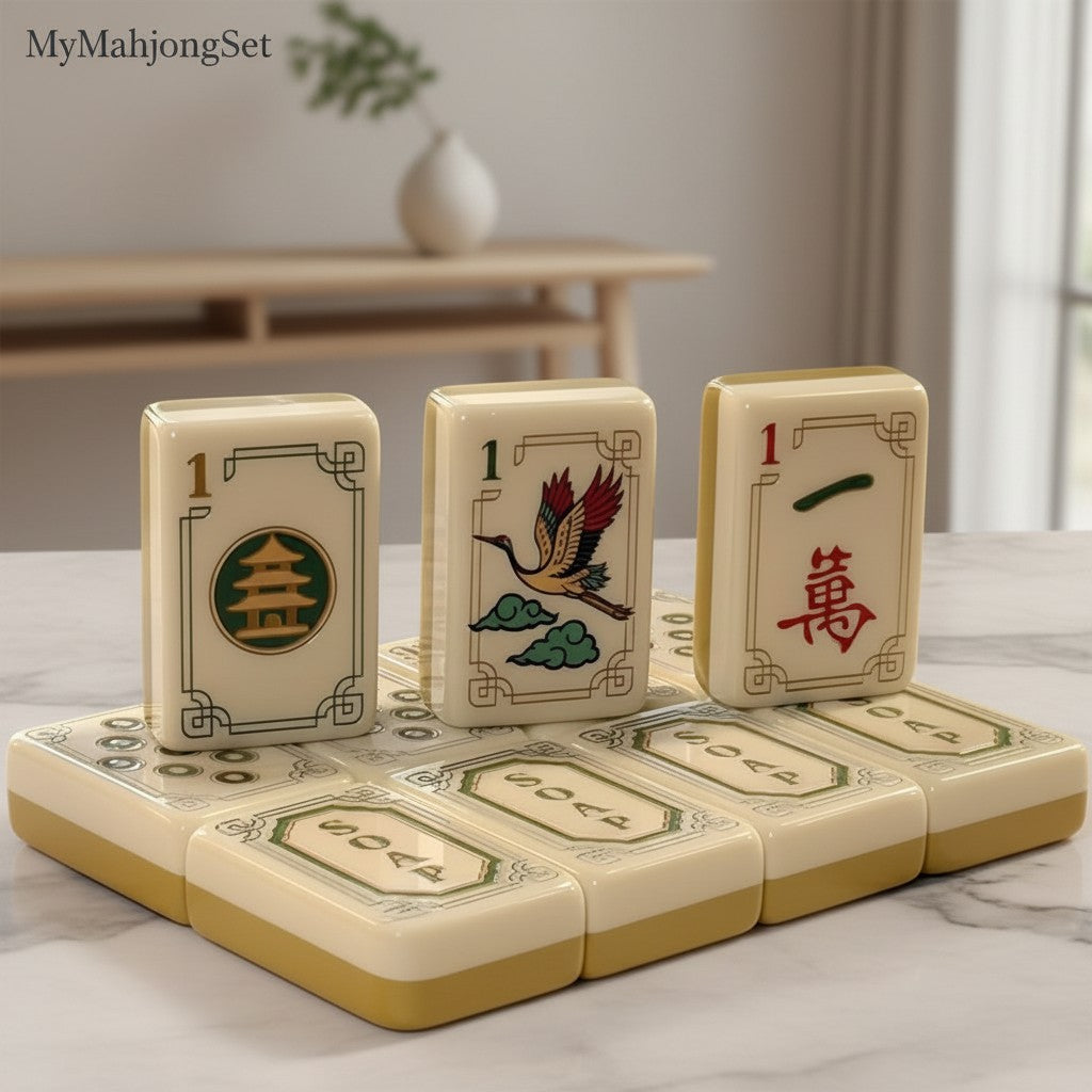 MyMahjongSet luxury acrylic American mahjong tiles featuring elegant yellow crane patterns and traditional markings.