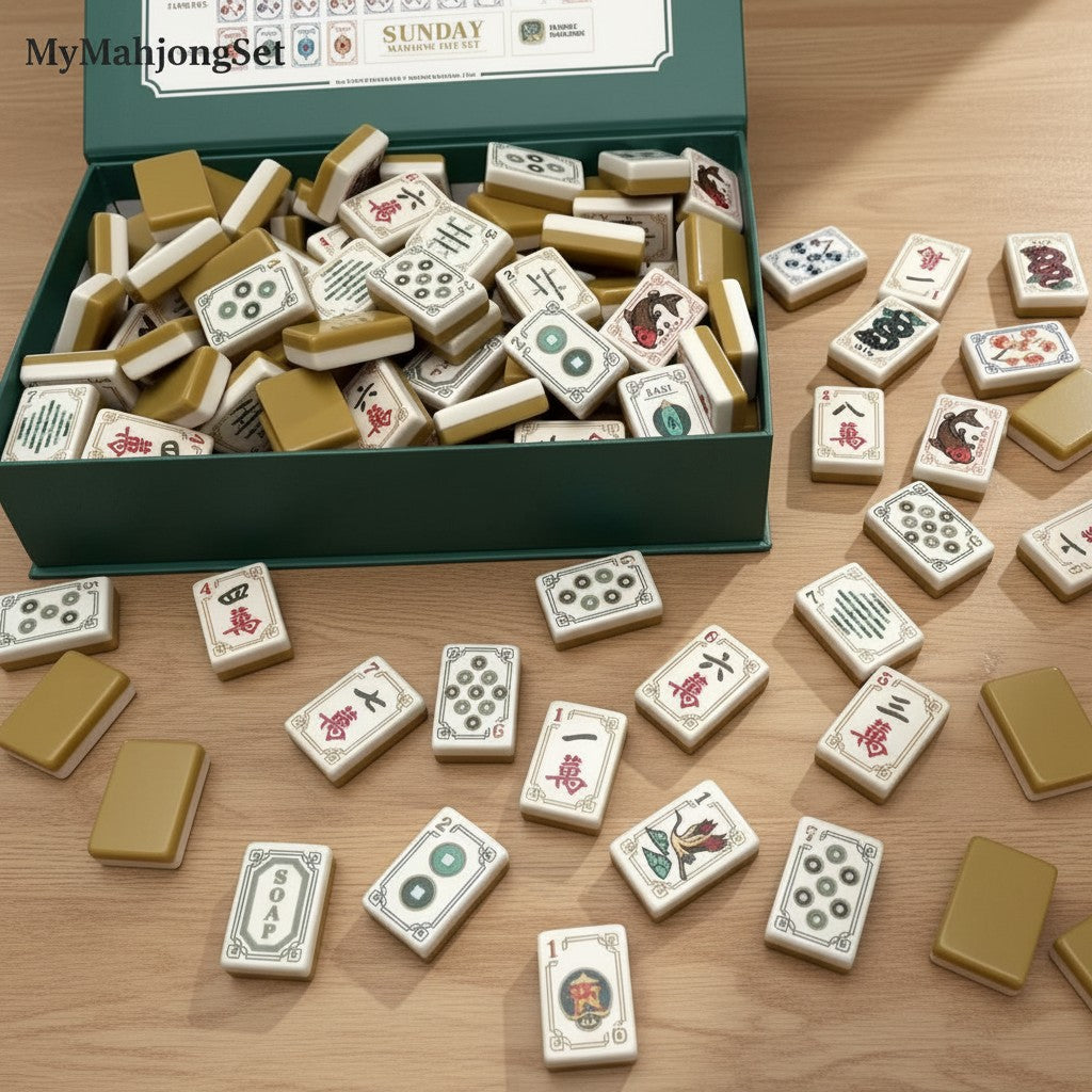 MyMahjongSet luxury acrylic American mahjong tiles featuring elegant yellow crane patterns in a storage box