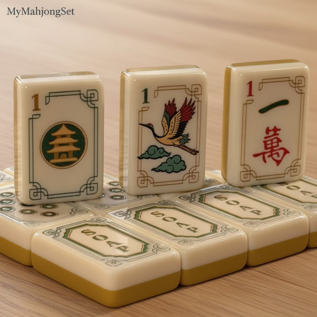 MyMahjongSet luxury acrylic American mahjong tiles featuring elegant yellow crane patterns and traditional designs