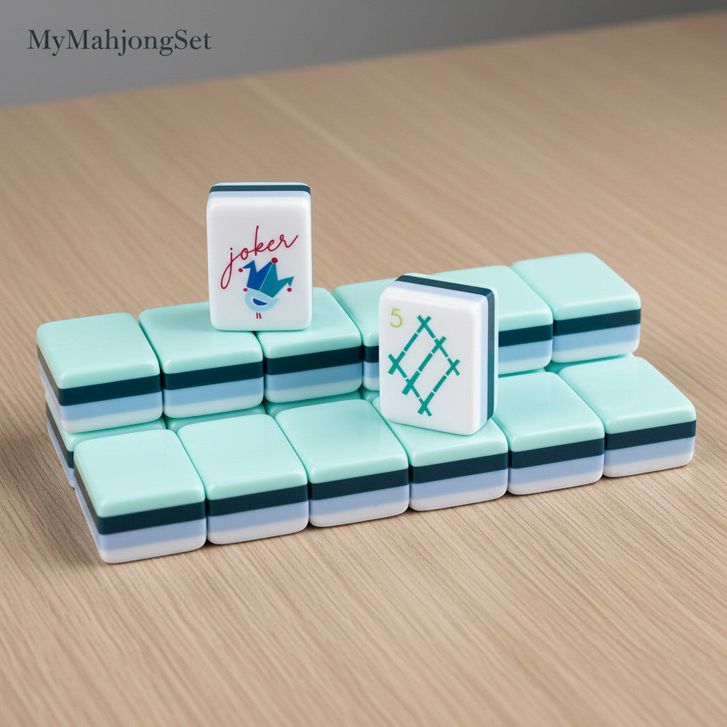 MyMahjongSet acrylic American mahjong tiles with green dragon engraving and joker tile on a wooden table