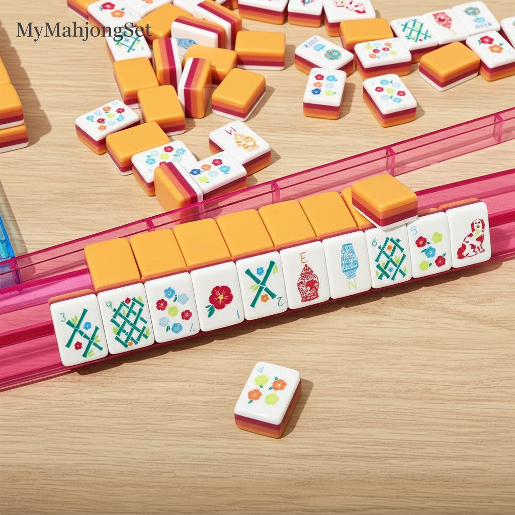 MyMahjongSet acrylic mahjong tiles with colorful floral and bamboo patterns on a pink rack