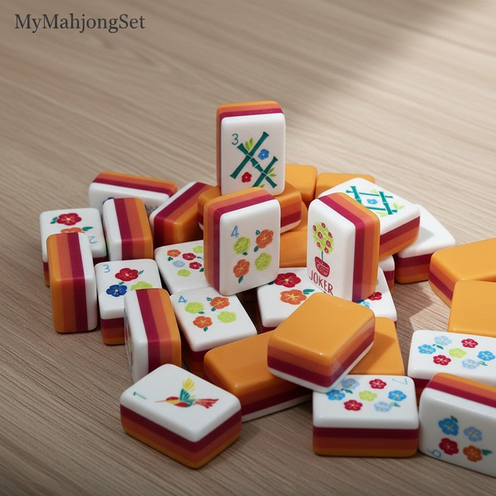 MyMahjongSet acrylic mahjong tiles with colorful floral and bamboo designs stacked on a wooden surface.