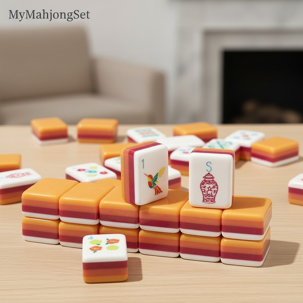 MyMahjongSet acrylic mahjong tiles with colorful layered design, featuring hummingbird and vase motifs on a wooden table