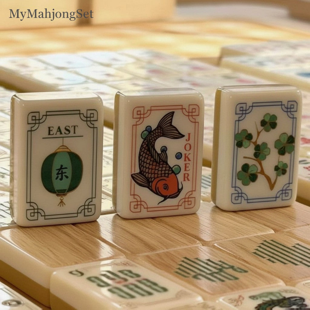 MyMahjongSet acrylic American mahjong tiles featuring detailed East lantern, koi fish joker, and floral designs