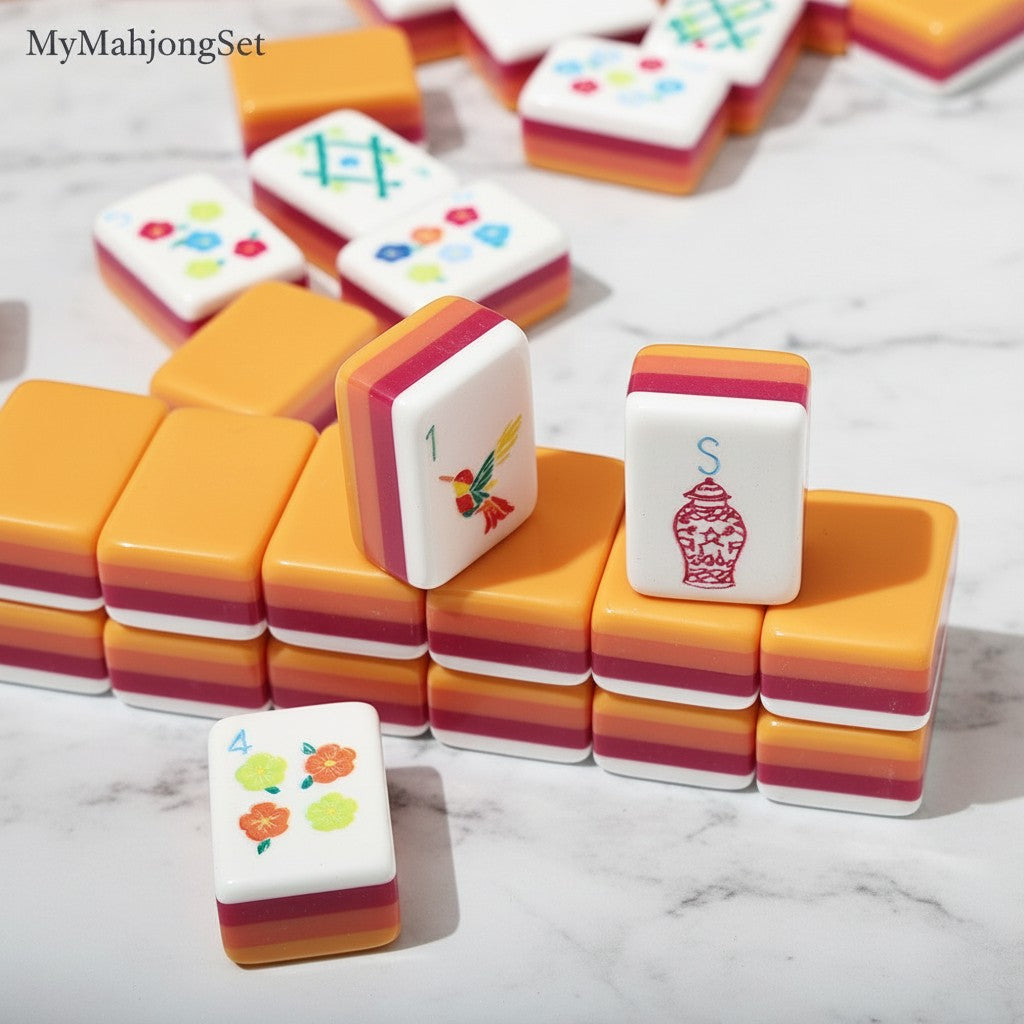 MyMahjongSet acrylic mahjong tiles with colorful layered bases and detailed floral and bird engravings on white faces