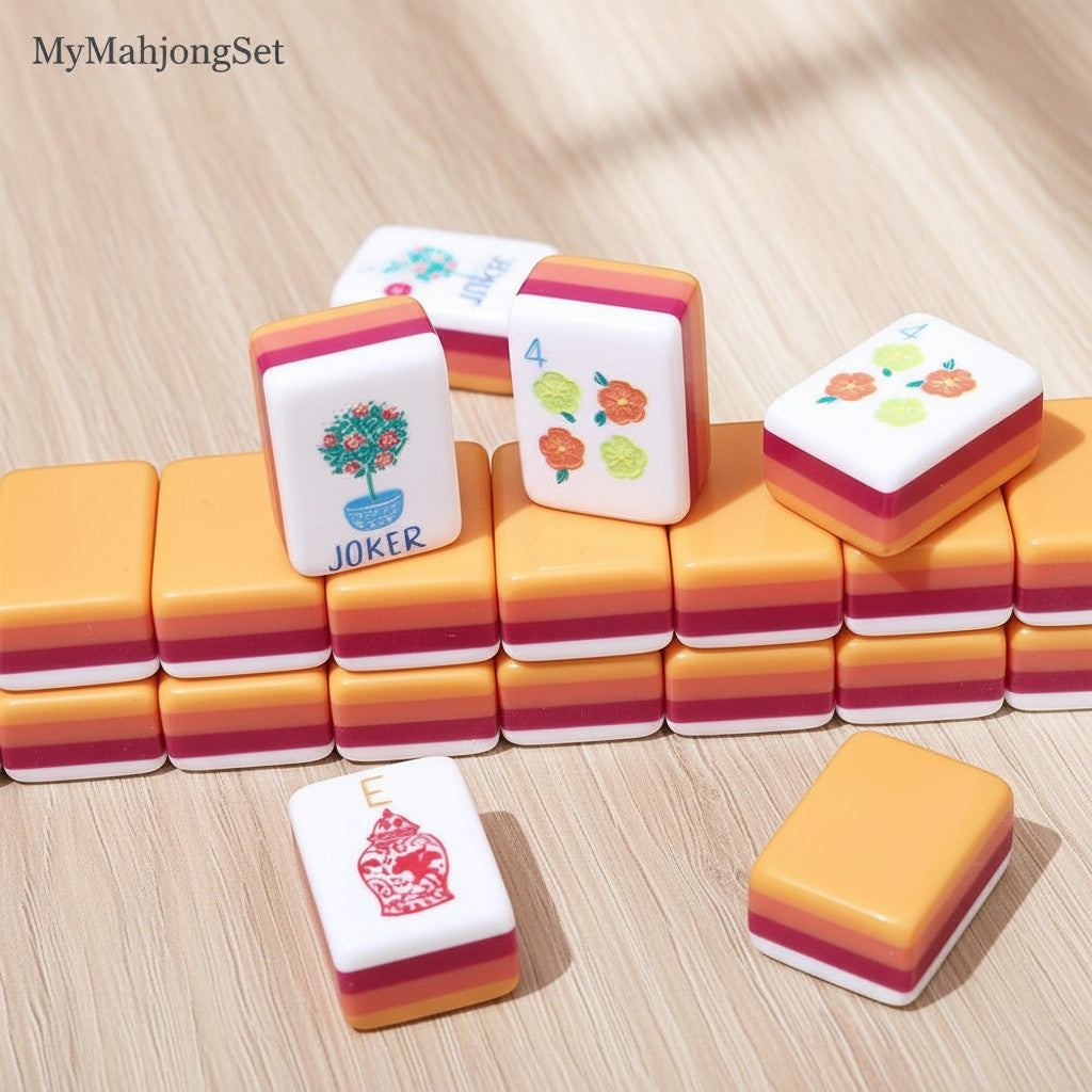 MyMahjongSet acrylic mahjong tiles with colorful floral designs and layered orange, pink, and white edges.