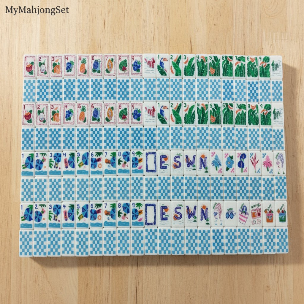 Blue gingham American mahjong tile set featuring colorful summer vacation icons and checkered tile backs