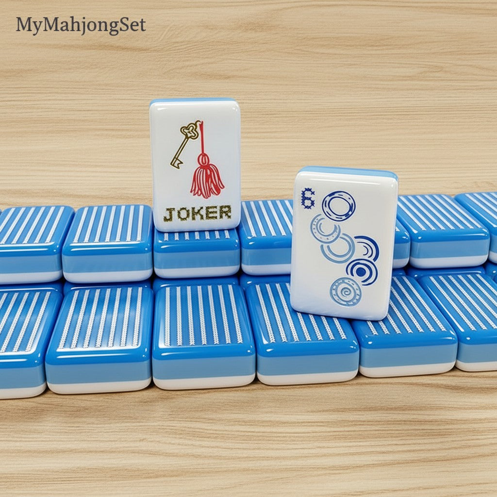 Blue vertical stripe American mahjong tile set with an illustrated Joker tile design