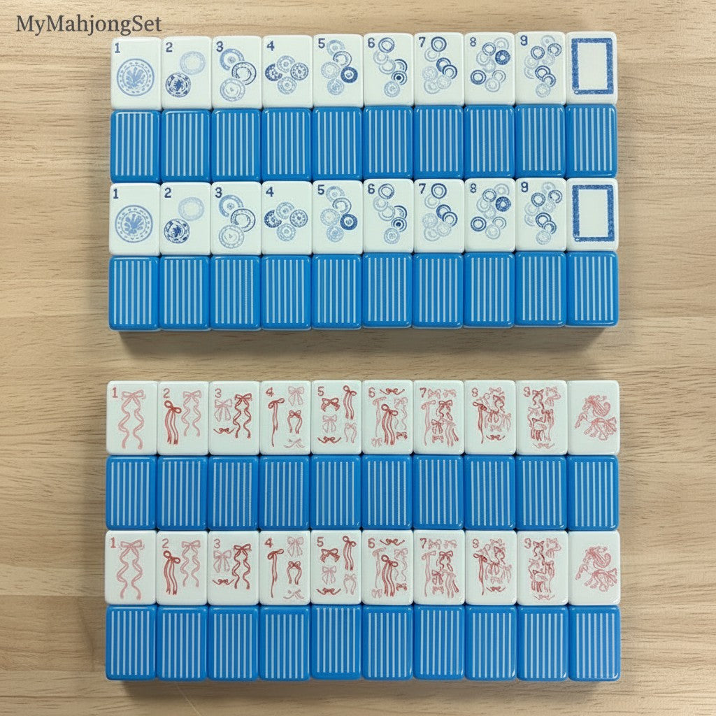 Stacked blue vertical stripe acrylic American mahjong tiles showing the striped tile backs and patterned faces