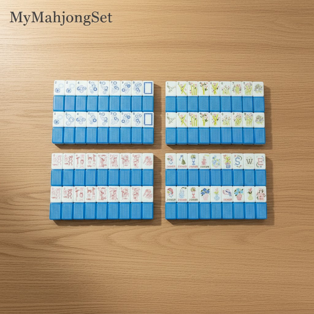 Blue vertical stripe American mahjong tiles with floral and decorative patterns arranged on a wooden table