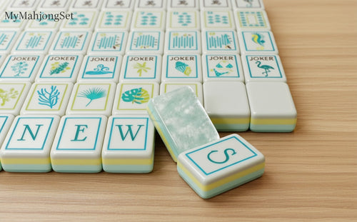 MyMahjongSet American Mahjong tiles with CoralCoast water pearl finish, featuring teal and white acrylic design.