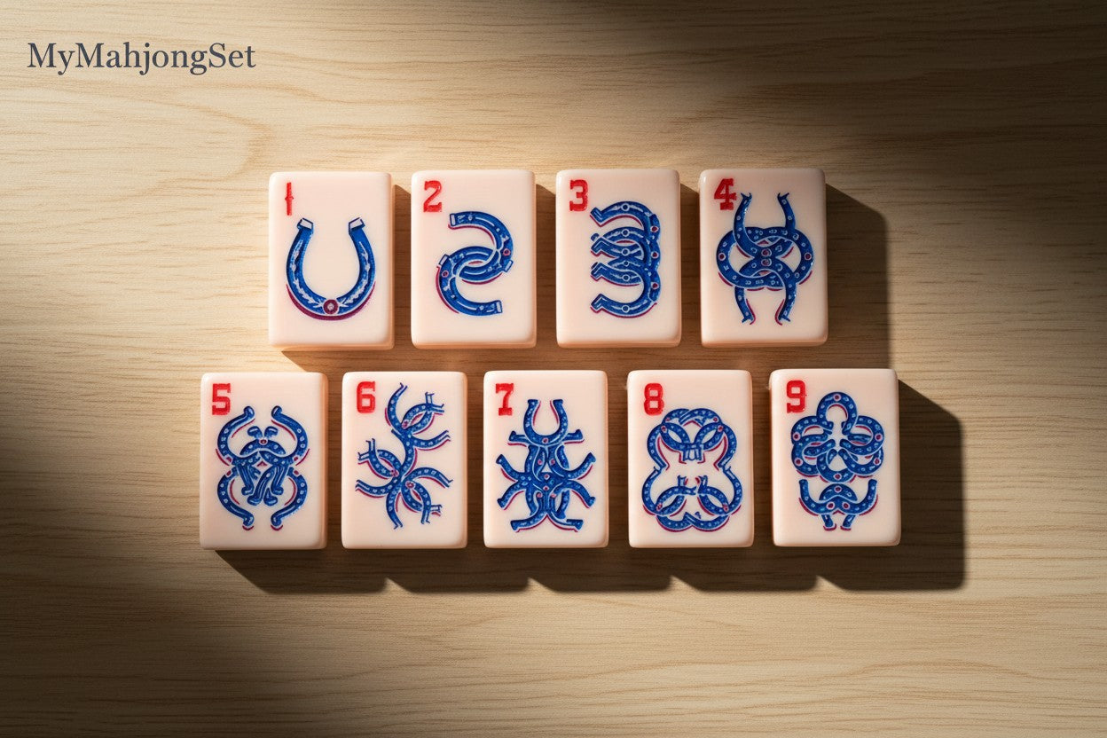 MyMahjongSet luxury acrylic mahjong tiles featuring western cowboy horseshoe designs in blue and red on pink tiles