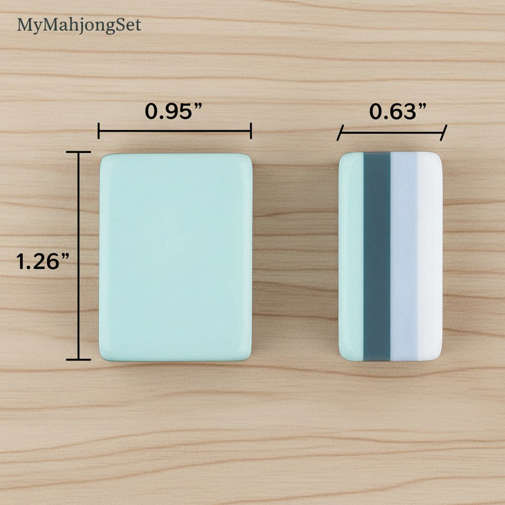 MyMahjongSet American mahjong tile showing dimensions of 0.95 by 1.26 by 0.63 inches in a light green acrylic finish.