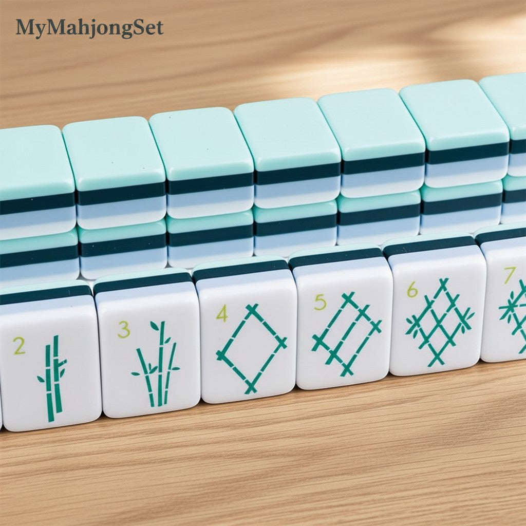 MyMahjongSet American mahjong tiles with green engraved bamboo motifs on durable white and light blue acrylic.