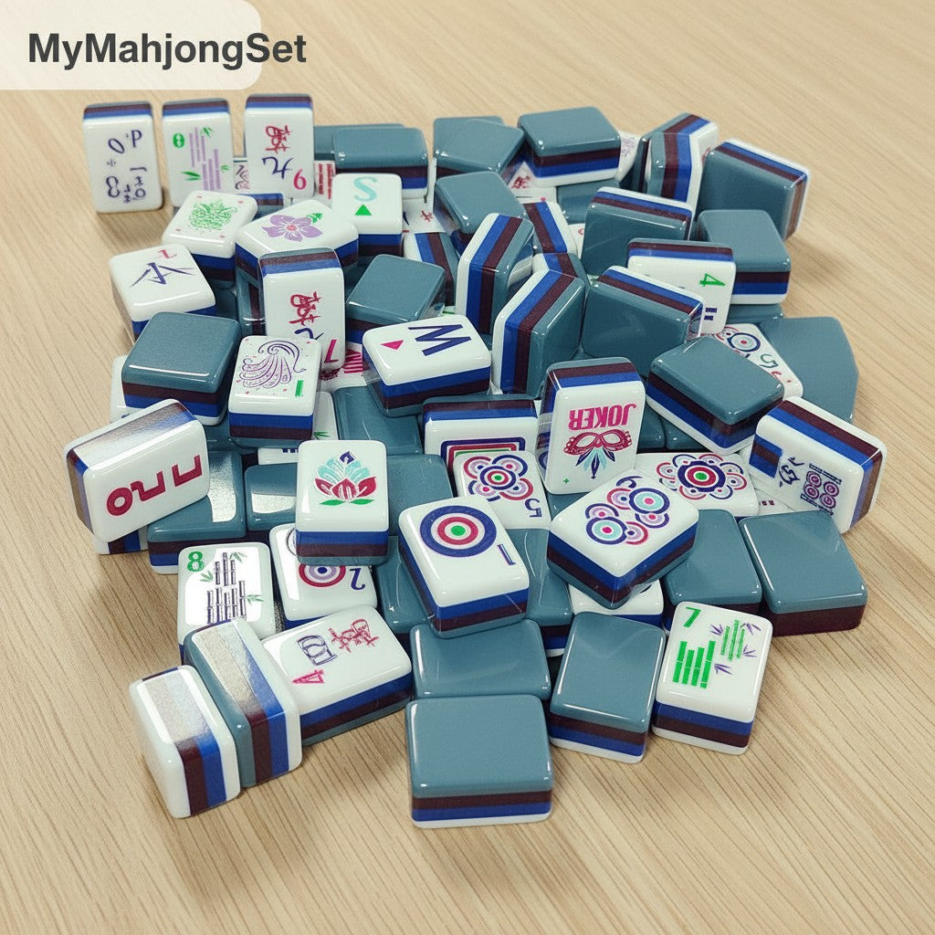 MyMahjongSet American mahjong tiles in modern grey acrylic with hand-painted joker and traditional game designs.