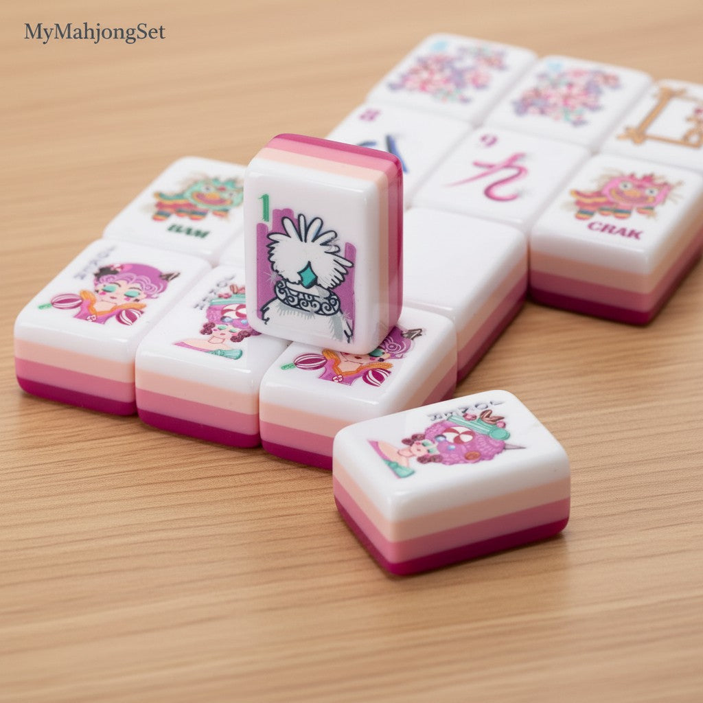 MyMahjongSet modern magenta candy pattern acrylic mahjong tiles with colorful character illustrations