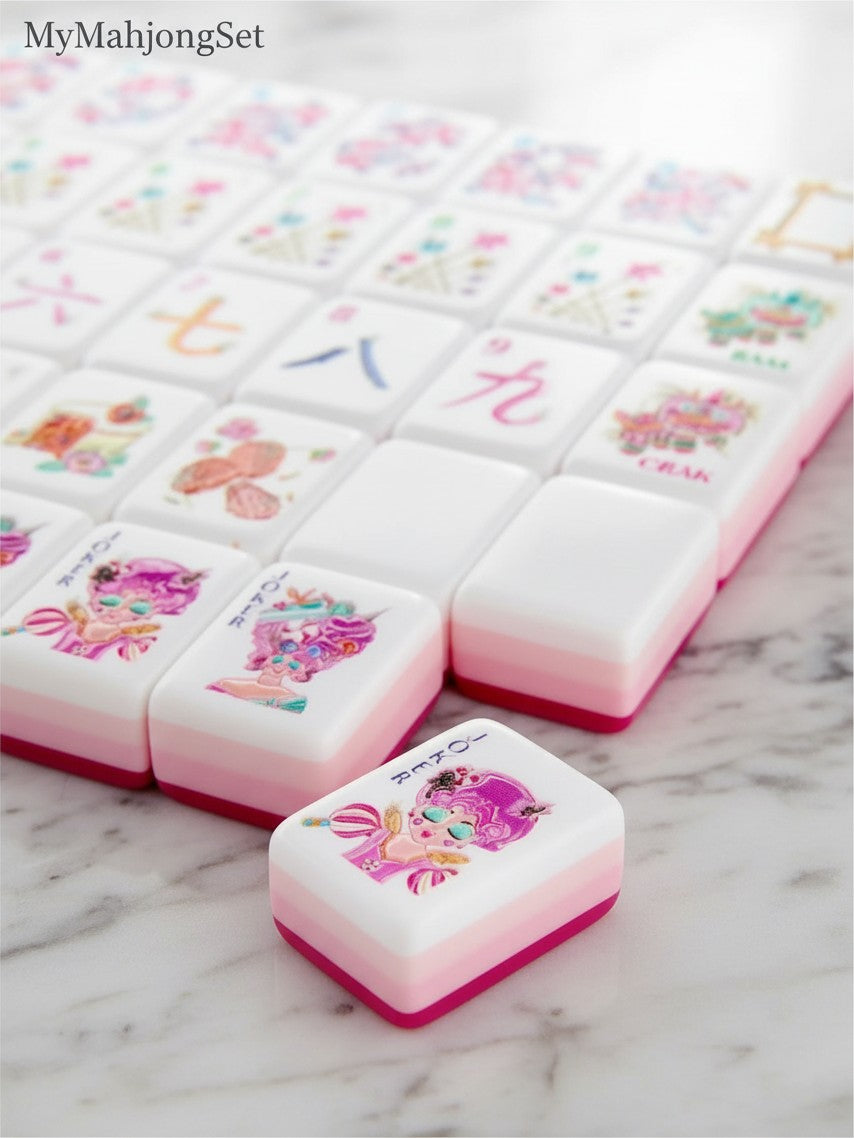 MyMahjongSet modern magenta candy pattern acrylic American mahjong tiles with colorful illustrations on a marble surface