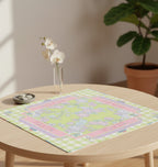 Mint green American mahjong mat with a pink gingham border and floral medallion design